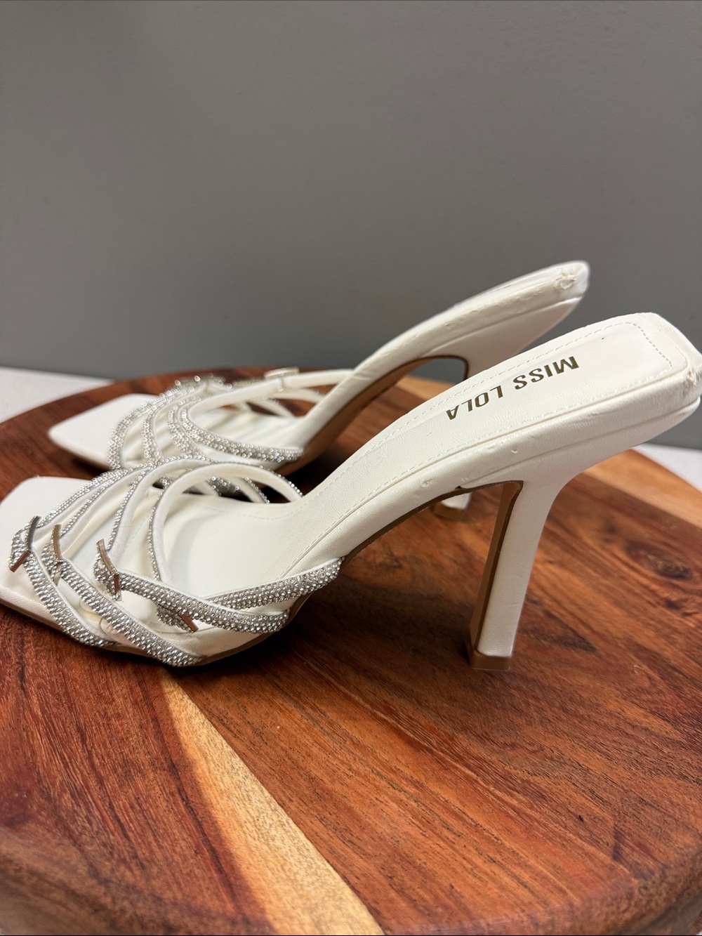 Miss Lola Aurora Rhinestone Strappy Mule Heels White Size 9 Square Toe - Picture 8 of 13